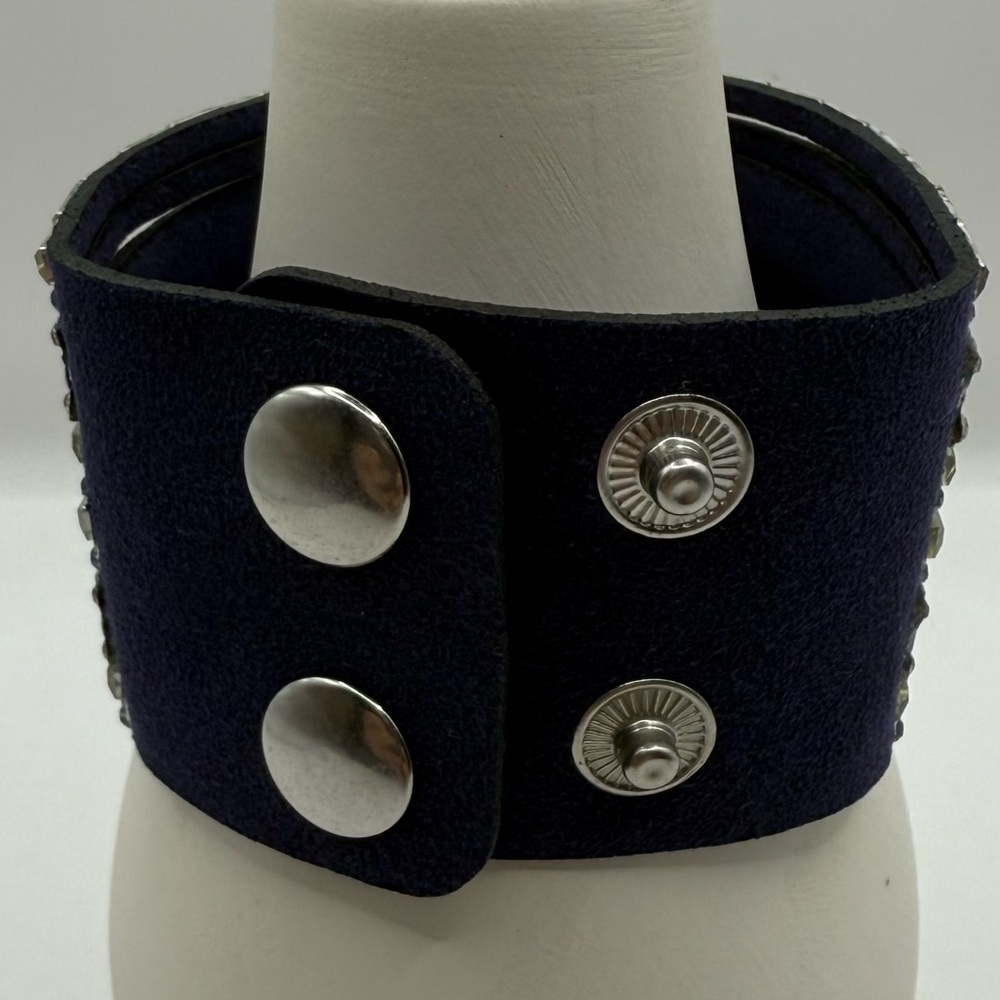 Blue Velvet Cuff Bracelet – Silver Beads & Rhinestone Crystal Embellishments - Picture 3 of 7